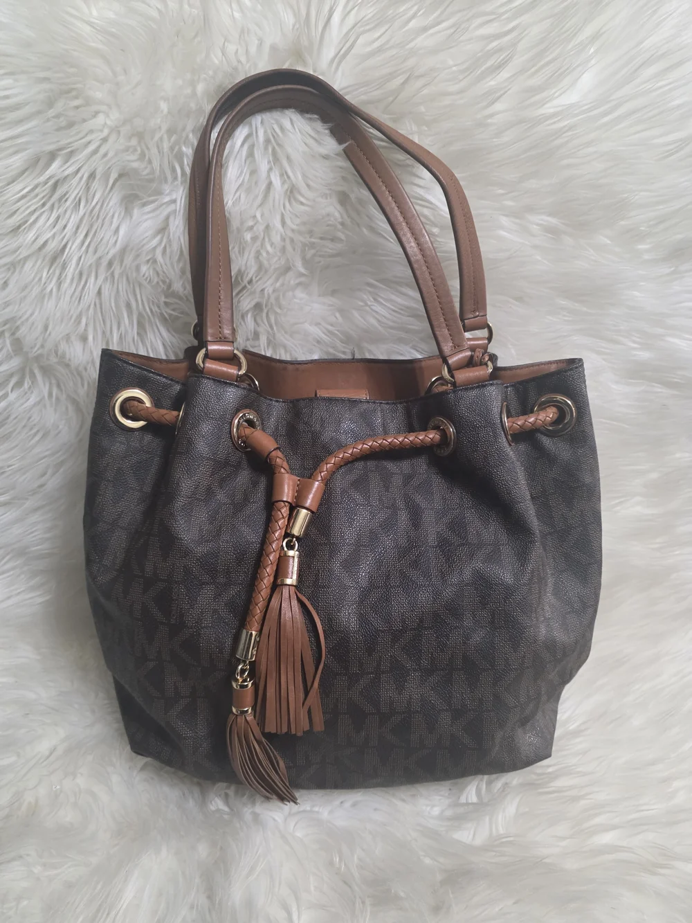 Michael Kors Brown Logo Drawstring Shoulder Bag with Tan Trim